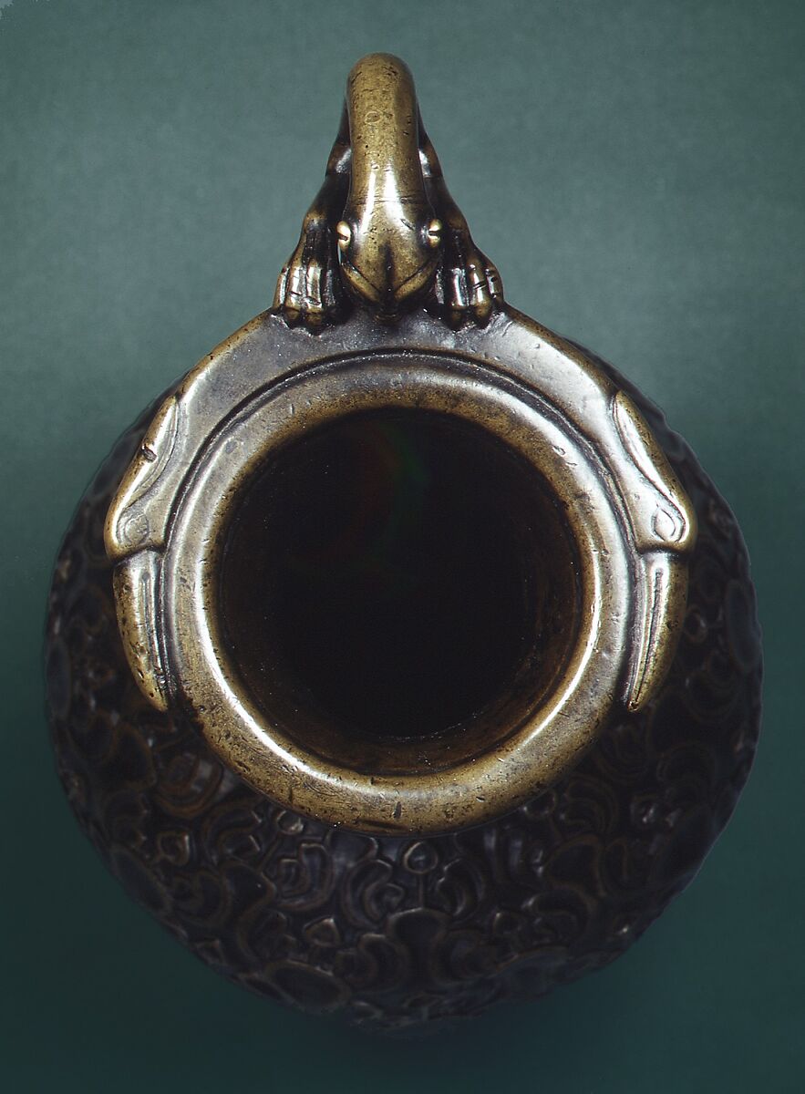 Ewer with a Feline-Shaped Handle, Bronze; cast, chased, and inlaid with copper