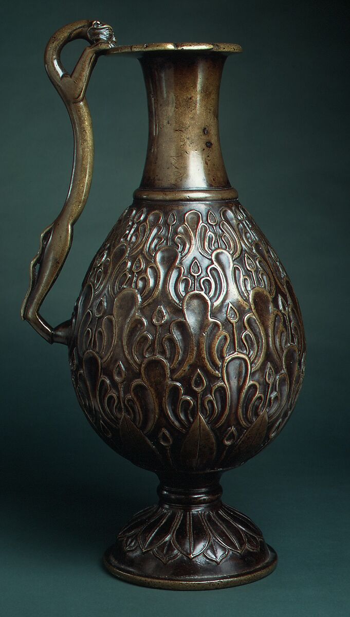 Ewer with a Feline-Shaped Handle, Bronze; cast, chased, and inlaid with copper