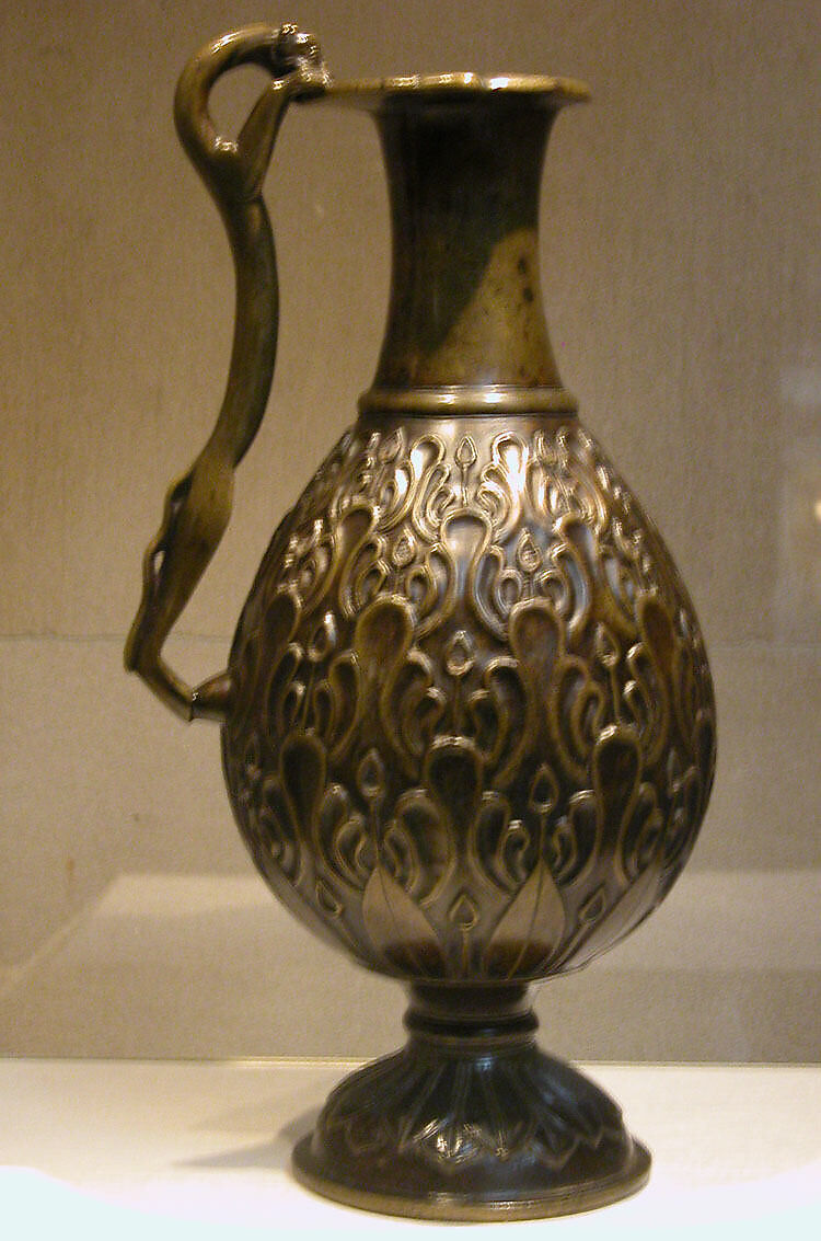 Ewer with a Feline-Shaped Handle, Bronze; cast, chased, and inlaid with copper