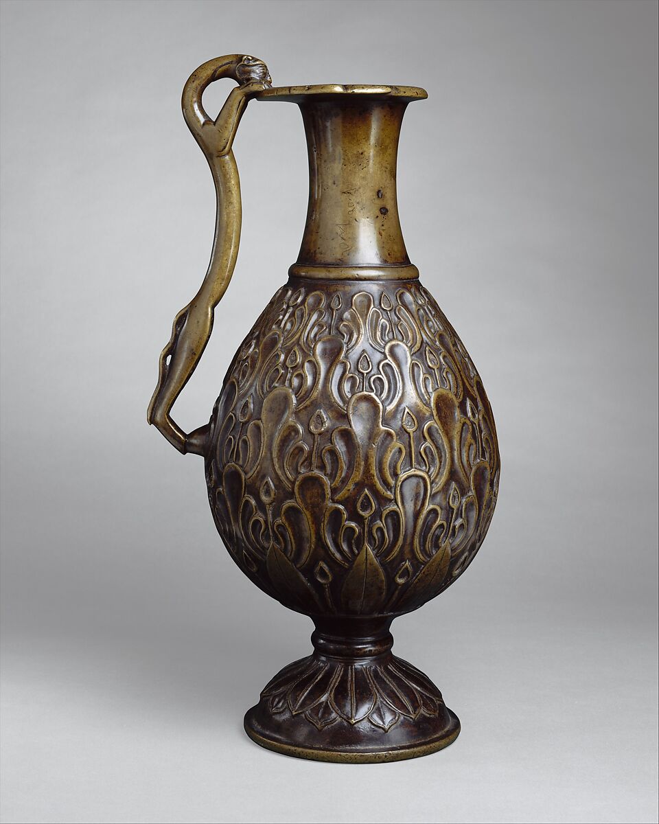 Ewer with a Feline-Shaped Handle, Bronze; cast, chased, and inlaid with copper