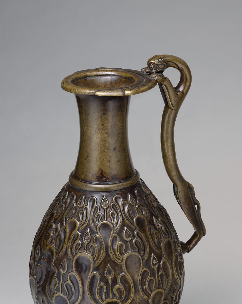 Ewer with a Feline-Shaped Handle, Bronze; cast, chased, and inlaid with copper