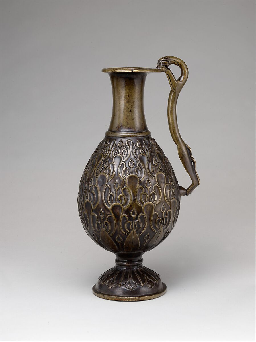 Ewer with a Feline-Shaped Handle, Bronze; cast, chased, and inlaid with copper 