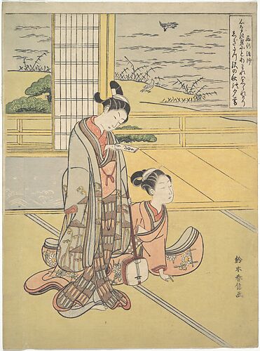 A Young Man and Woman with a Shamisen; Monk Saigyō, from a series alluding to the Three Evening Poems (Sanseki waka)