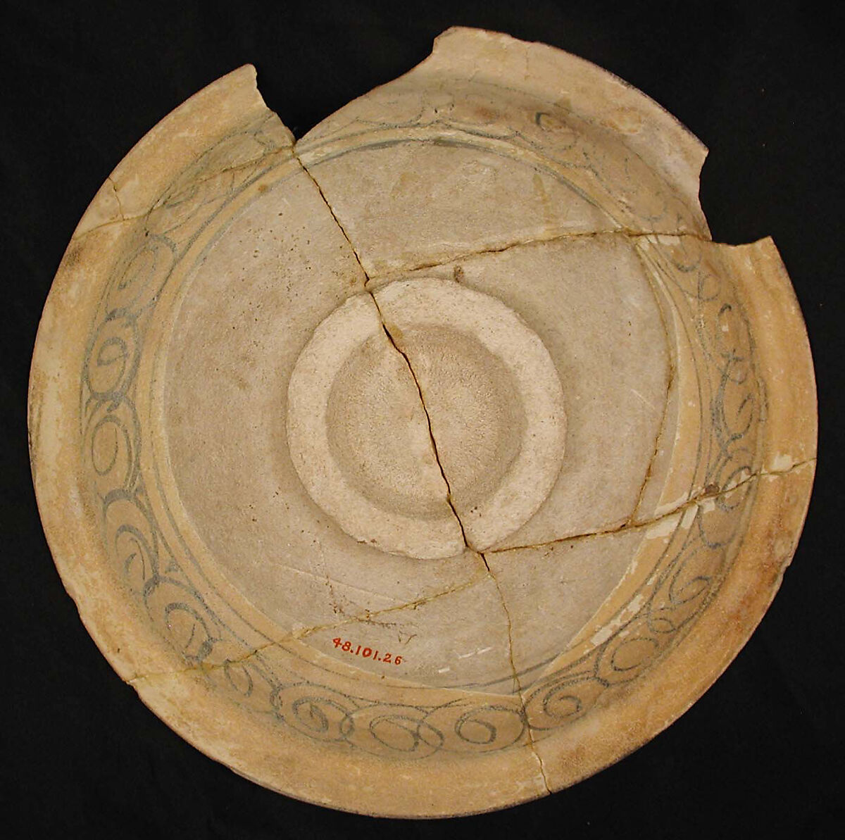 Bowl, Earthenware; gritty composed body, blue on white decoration under transparent glaze