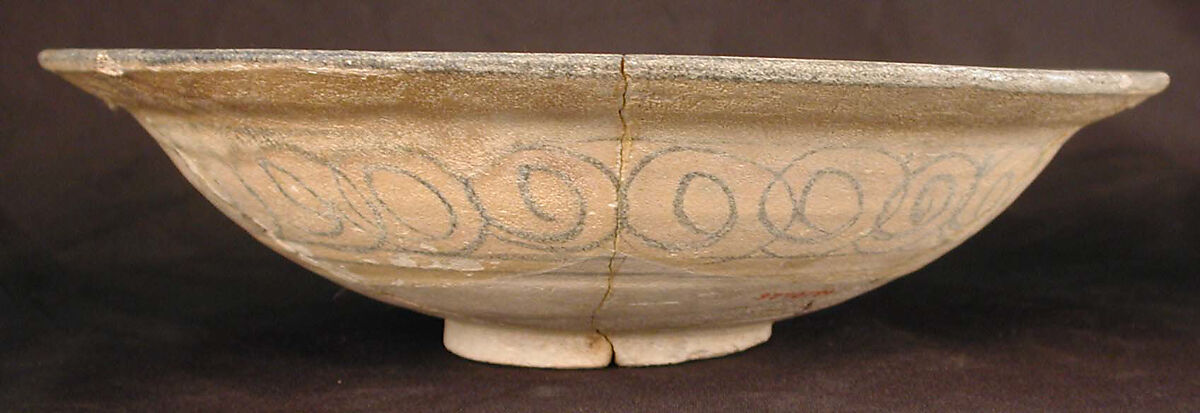 Bowl, Earthenware; gritty composed body, blue on white decoration under transparent glaze