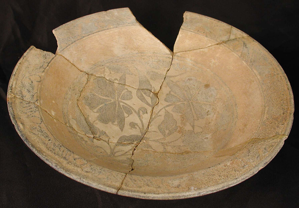 Bowl, Earthenware; gritty composed body, blue on white decoration under transparent glaze
