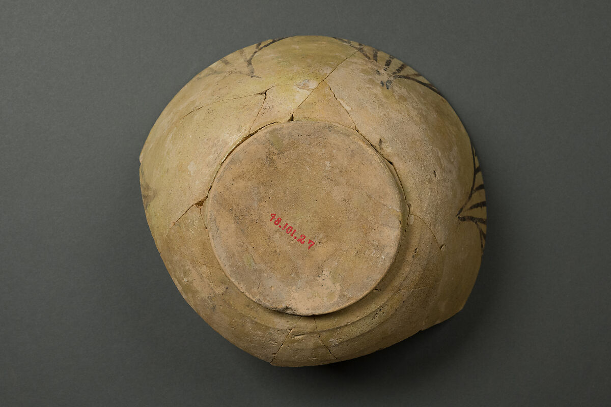 Bowl, Earthenware; decoration in black, green and yellow, glazed