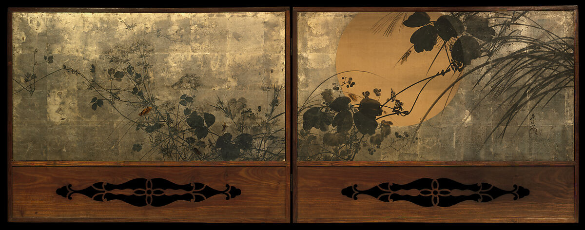 Autumn Grasses in Moonlight, Shibata Zeshin (Japanese, 1807–1891), Two-panel folding screen; ink, lacquer, silver, and silver leaf on paper, Japan 