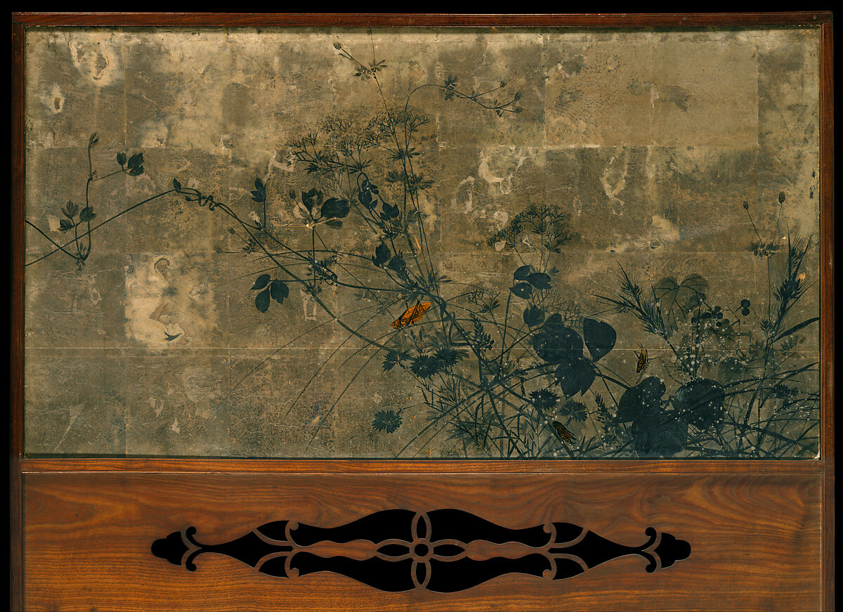 Autumn Grasses in Moonlight, Shibata Zeshin (Japanese, 1807–1891), Two-panel folding screen; ink, lacquer, silver, and silver leaf on paper, Japan