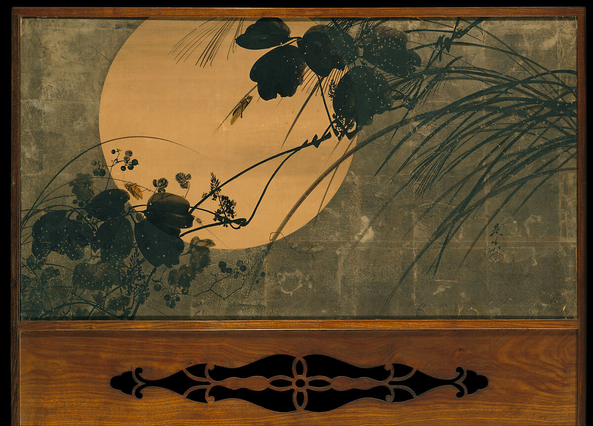 Autumn Grasses in Moonlight, Shibata Zeshin (Japanese, 1807–1891), Two-panel folding screen; ink, lacquer, silver, and silver leaf on paper, Japan