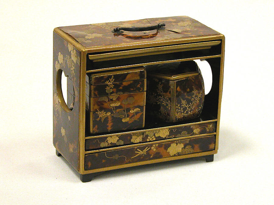 Cabinet for Incense, Nest of Boxes, Tray, Tortoiseshell on wood with sprinkled gold lacquer, Japan 