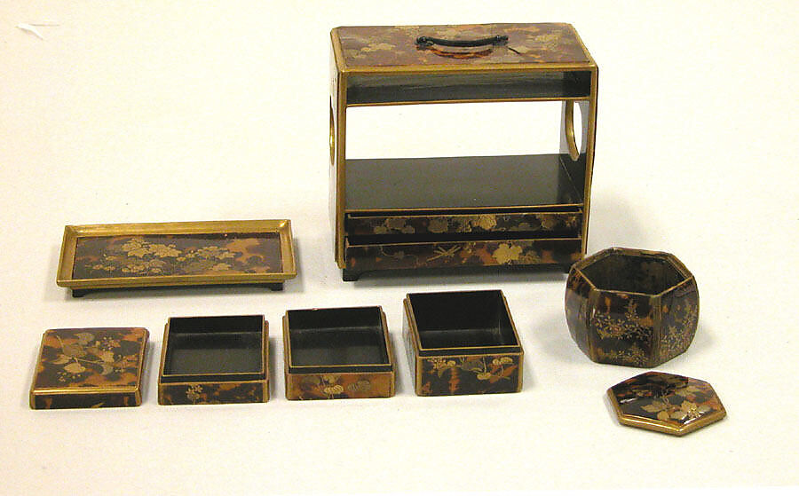 Cabinet for Incense, Nest of Boxes, Tray, Tortoiseshell on wood with sprinkled gold lacquer, Japan