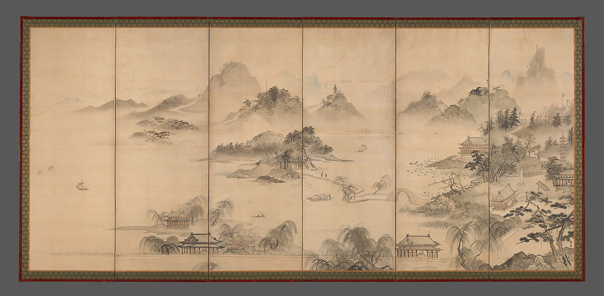 View of West Lake, Kusumi Morikage (ca. 1620–1690), Pair of six-panel folding screens; ink and color on paper, Japan 