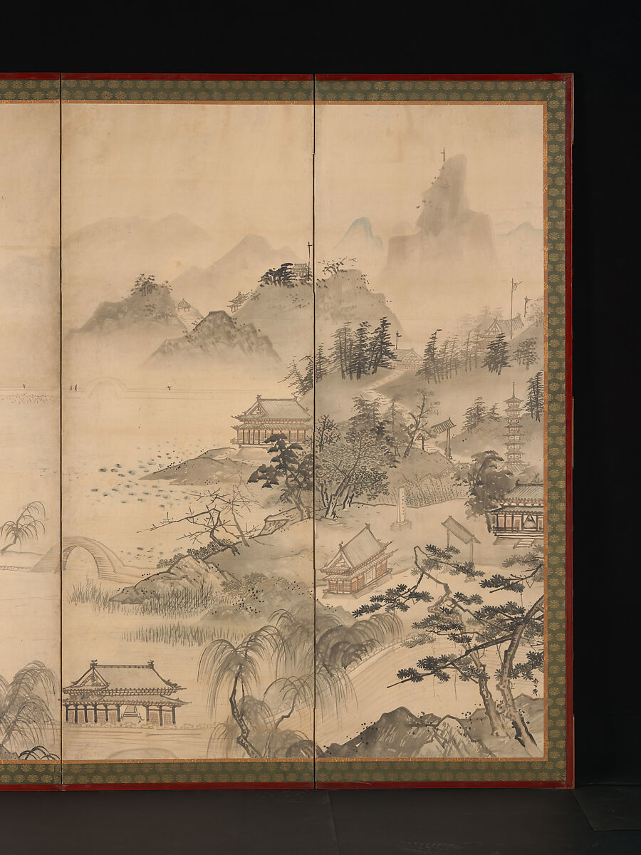 View of West Lake, Kusumi Morikage (ca. 1620–1690), Pair of six-panel folding screens; ink and color on paper, Japan