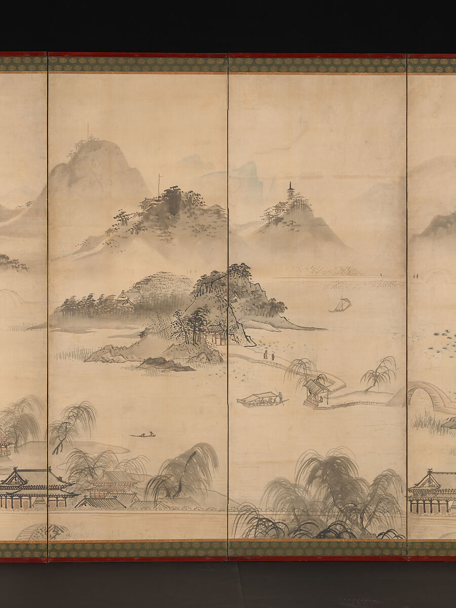 View of West Lake, Kusumi Morikage (ca. 1620–1690), Pair of six-panel folding screens; ink and color on paper, Japan