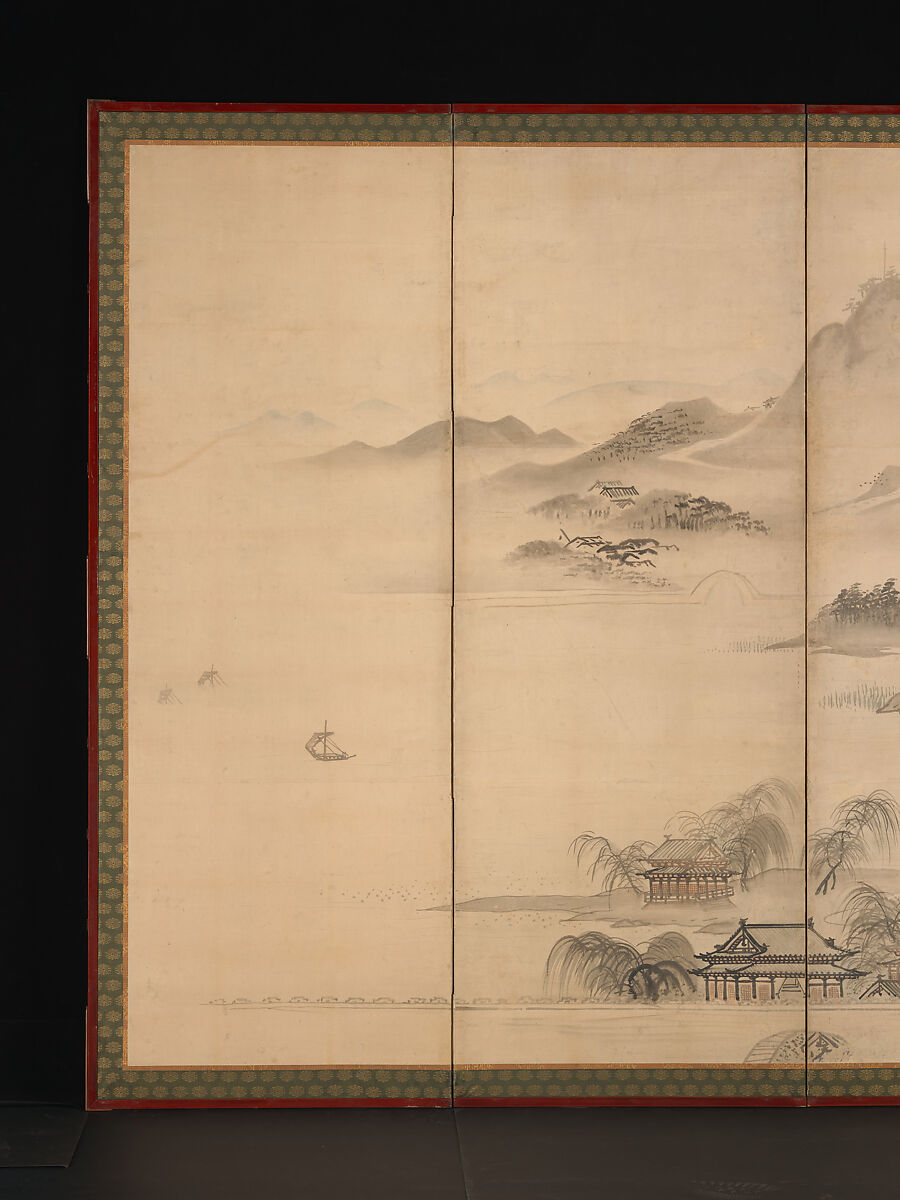 View of West Lake, Kusumi Morikage (ca. 1620–1690), Pair of six-panel folding screens; ink and color on paper, Japan