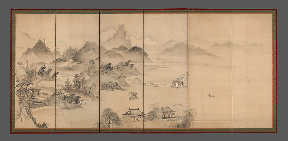 View of West Lake, Kusumi Morikage (ca. 1620–1690), Pair of six-panel folding screens; ink and color on paper, Japan