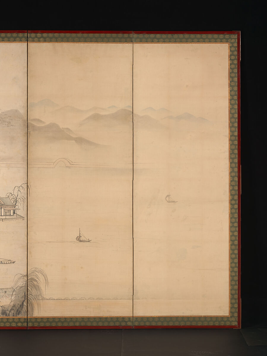 View of West Lake, Kusumi Morikage (ca. 1620–1690), Pair of six-panel folding screens; ink and color on paper, Japan