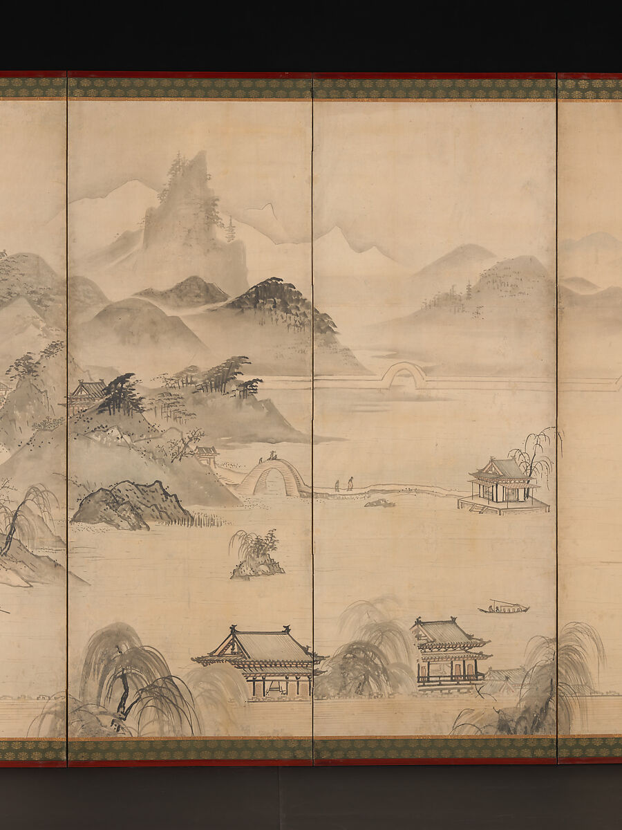 View of West Lake, Kusumi Morikage (ca. 1620–1690), Pair of six-panel folding screens; ink and color on paper, Japan