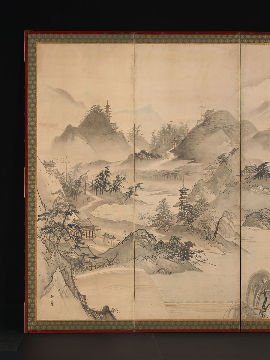 View of West Lake, Kusumi Morikage (ca. 1620–1690), Pair of six-panel folding screens; ink and color on paper, Japan