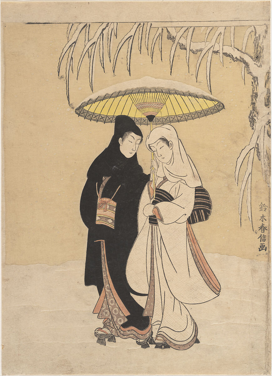 Lovers Walking in the Snow (Crow and Heron), Suzuki Harunobu (Japanese, 1725–1770), Woodblock print; ink and color on paper,  with embossing (karazuri), Japan 