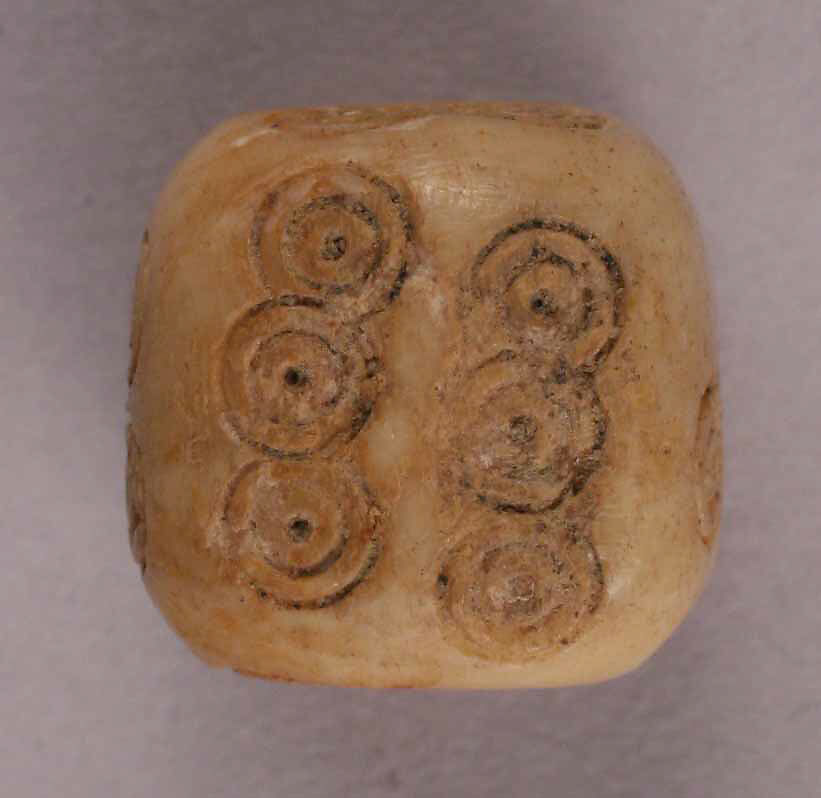 Dice, Bone; incised and inlaid with paint