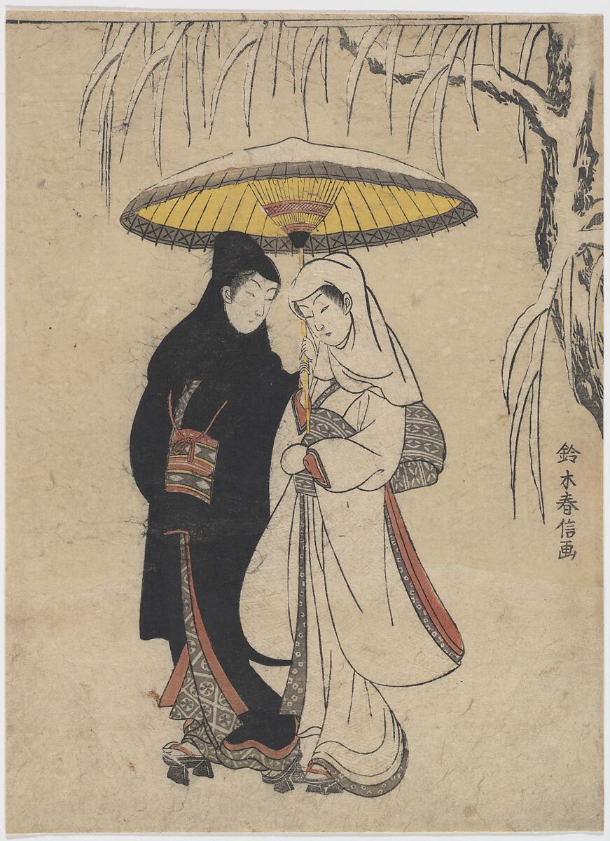 Young Lovers Walking Together under an Umbrella in a Snow Storm (Crow and Heron), Suzuki Harunobu (Japanese, 1725–1770), Woodblock print; ink and color on paper, Japan 