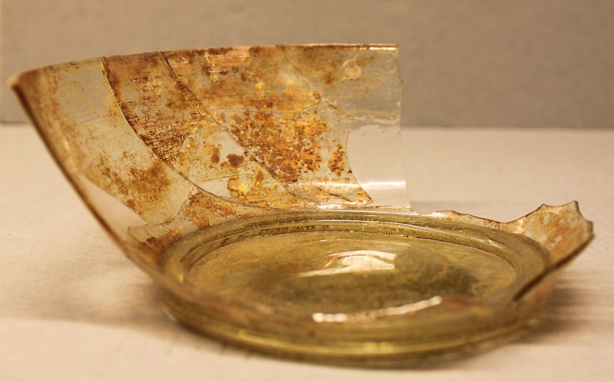 Fragment of a Bowl, Glass, greenish; free blown