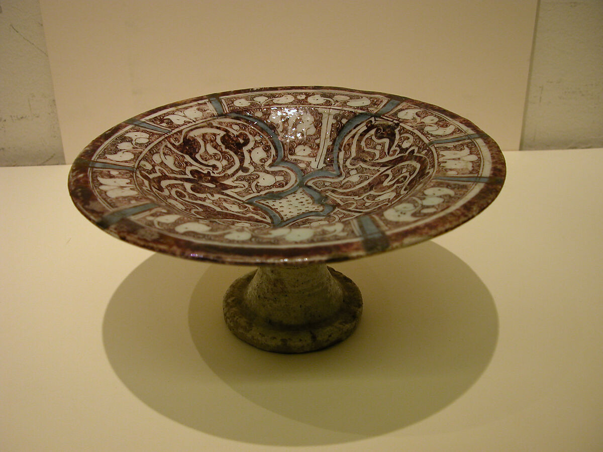 Footed Bowl, Stonepaste; underglaze painted in blue, luster-painted on transparent glaze