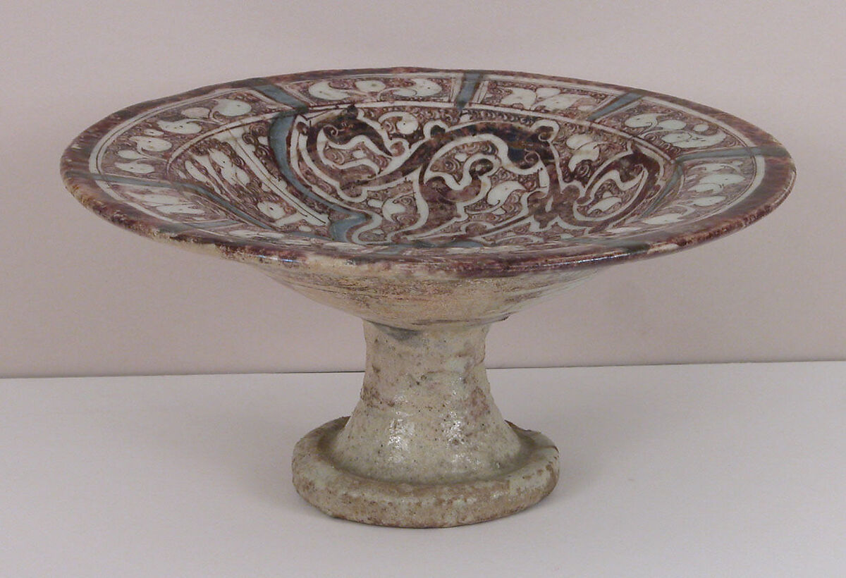 Footed Bowl, Stonepaste; underglaze painted in blue, luster-painted on transparent glaze