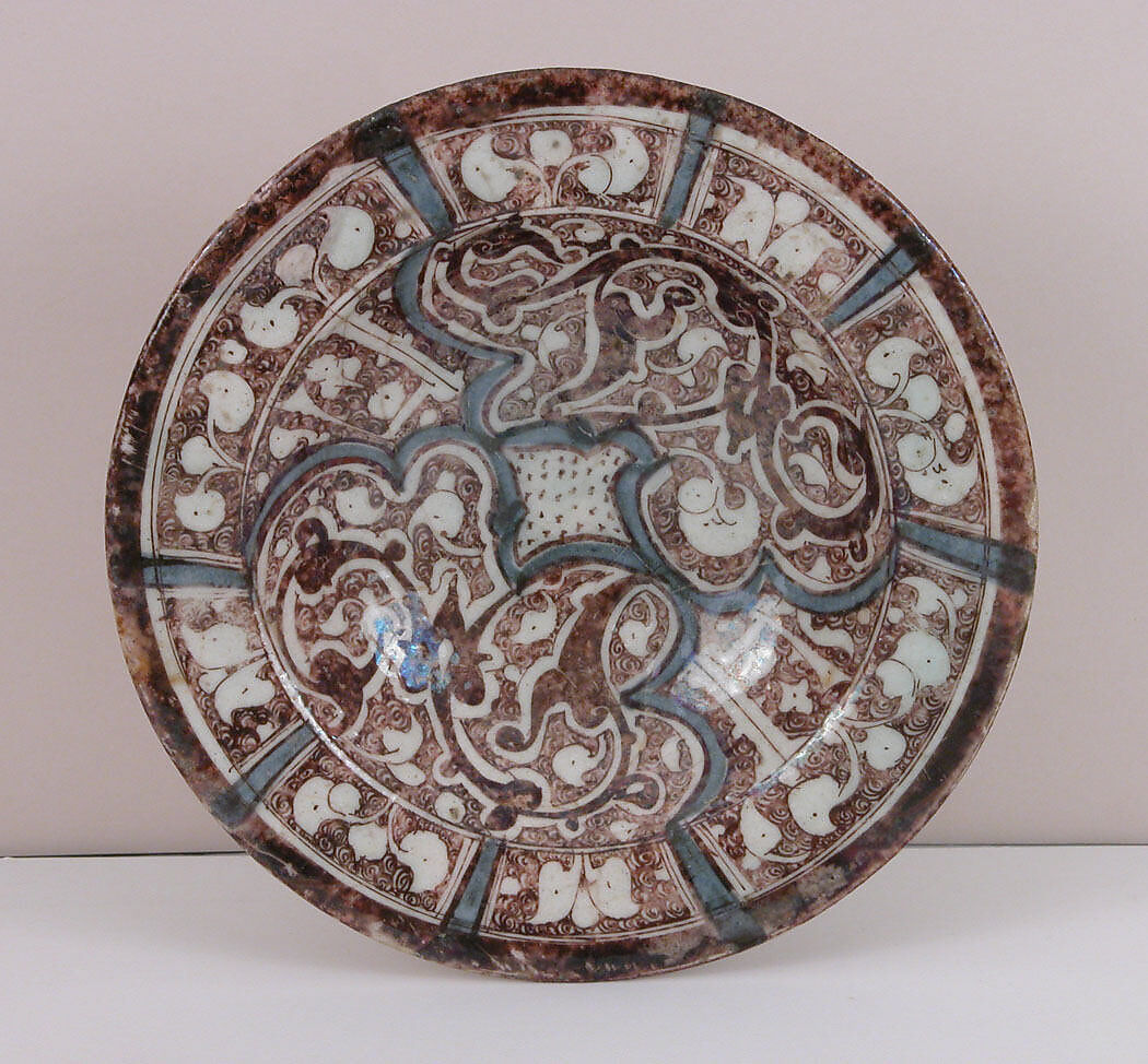 Footed Bowl, Stonepaste; underglaze painted in blue, luster-painted on transparent glaze