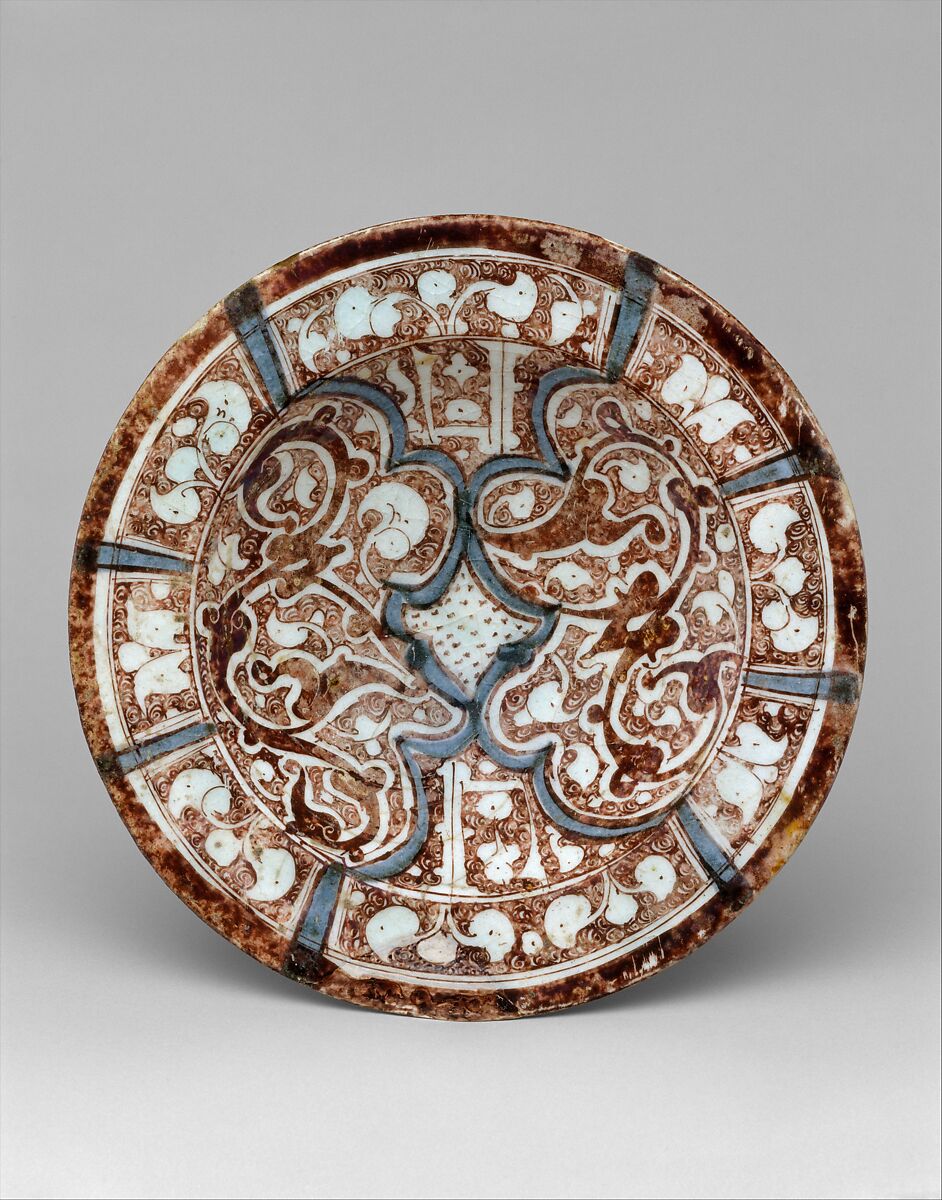 Footed Bowl, Stonepaste; underglaze painted in blue, luster-painted on transparent glaze