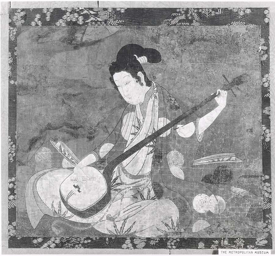 Beauty Playing a Shamisen, Remounted section of a screen; ink and color on paper, Japan 