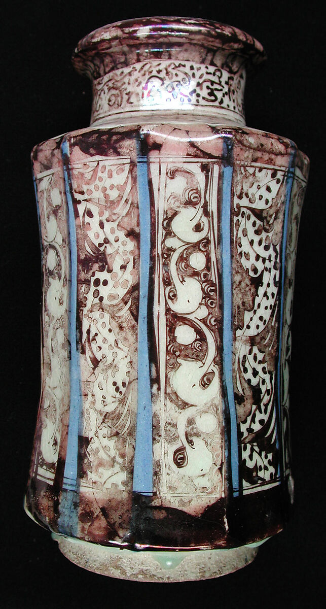 Jar, Stonepaste; painted in luster and blue on opaque white glaze under transparent colorless glaze