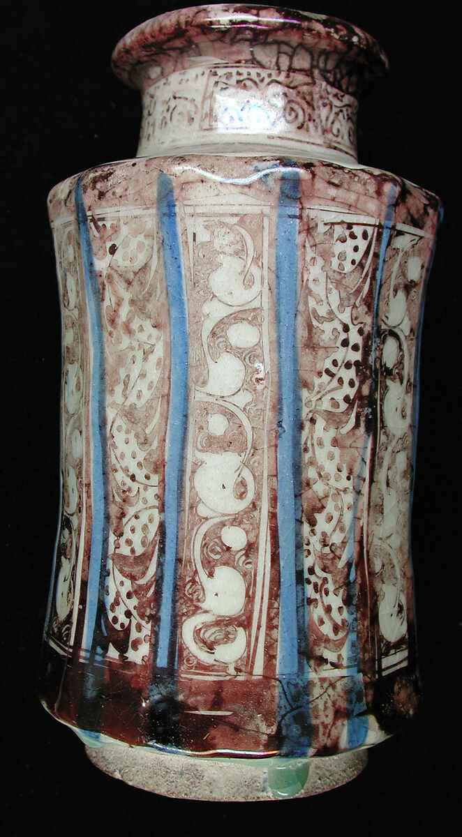 Jar, Stonepaste; painted in luster and blue on opaque white glaze under transparent colorless glaze