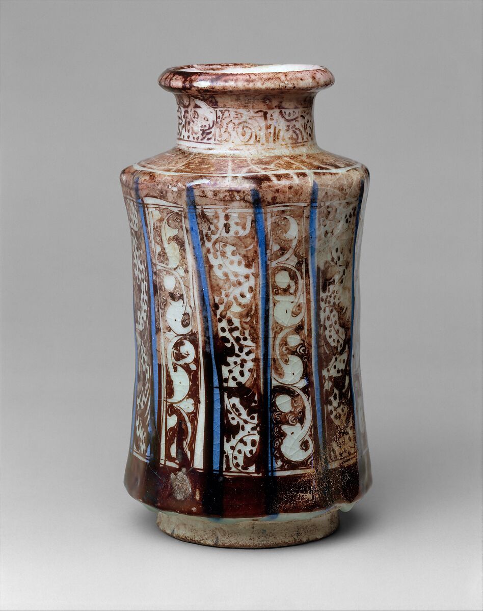 Jar, Stonepaste; painted in luster and blue on opaque white glaze under transparent colorless glaze
