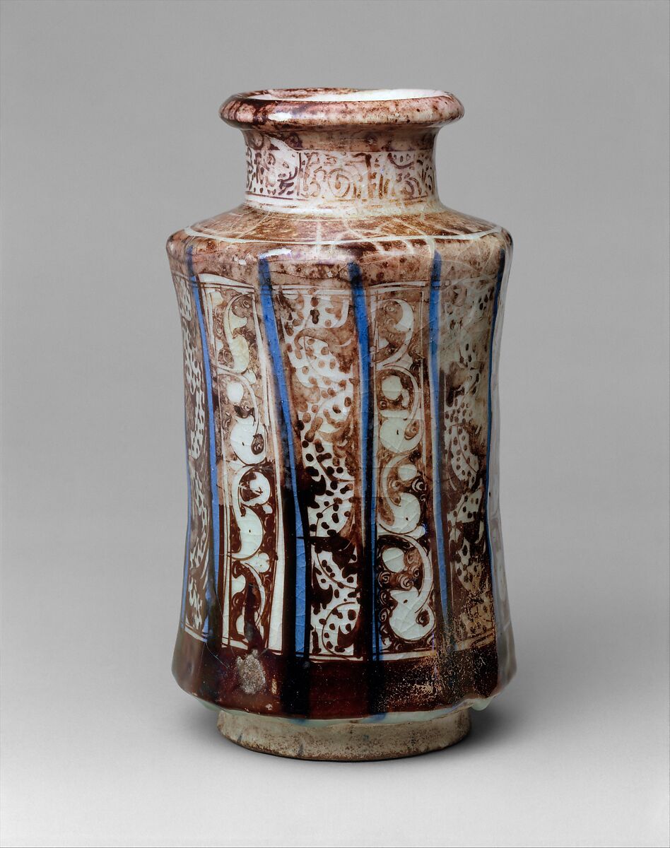 Jar, Stonepaste; painted in luster and blue on opaque white glaze under transparent colorless glaze 