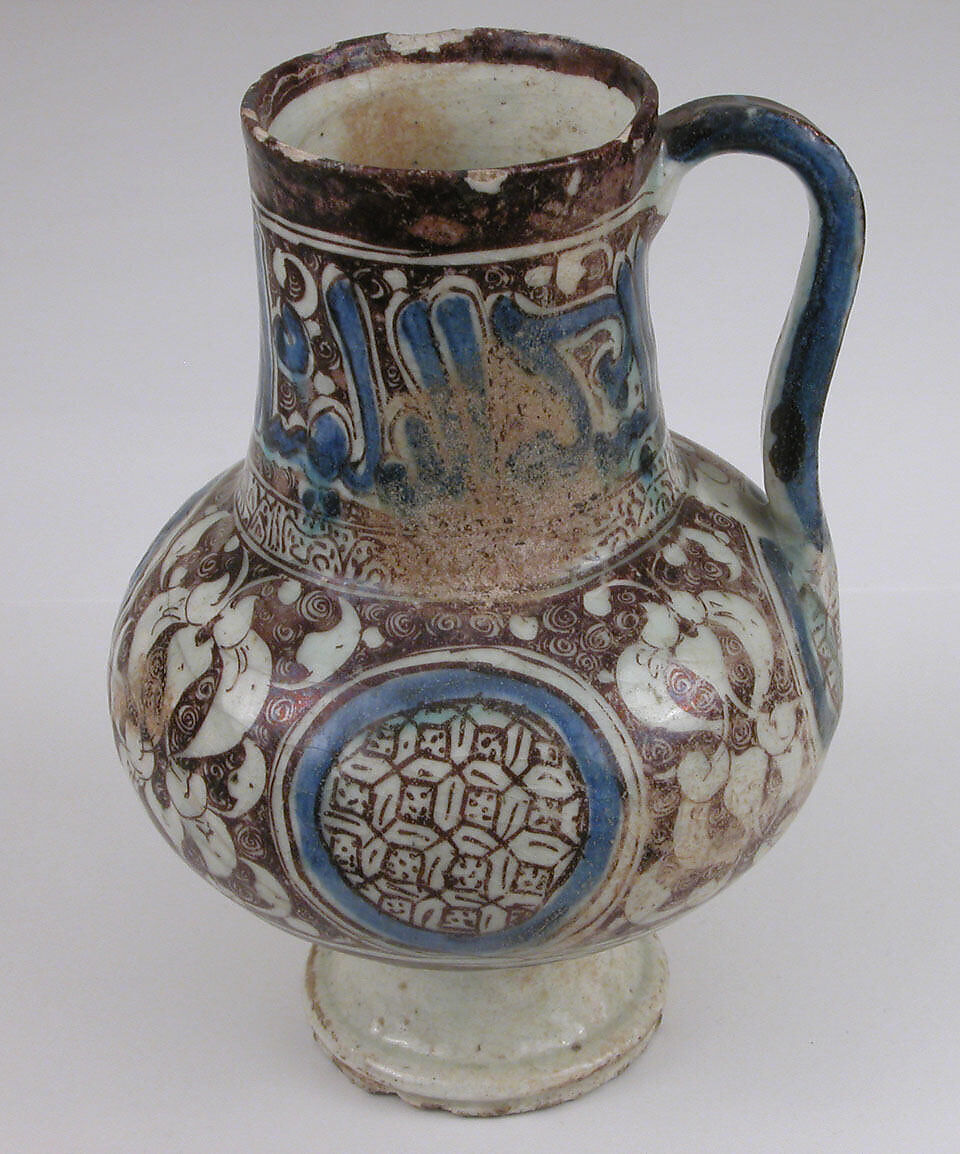 Ewer, Stonepaste; painted in luster and blue on opaque white glaze under transparent colorless glaze 