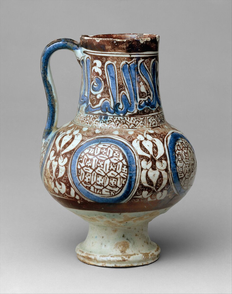 Ewer, Stonepaste; painted in luster and blue on opaque white glaze under transparent colorless glaze