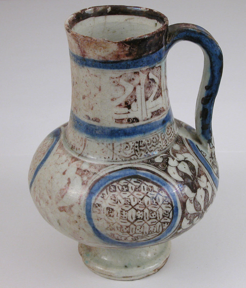 Ewer, Stonepaste; painted in luster and blue on opaque white glaze under transparent colorless glaze 