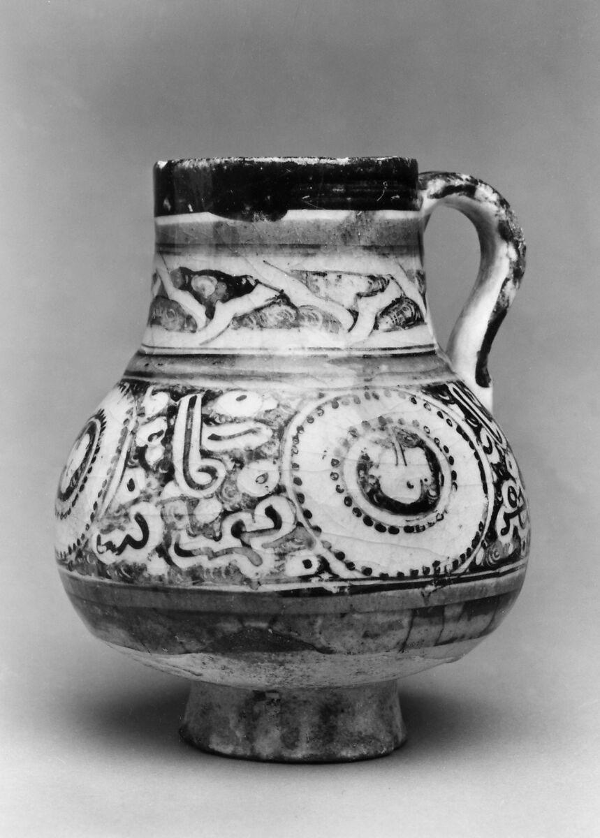 Ewer, Stonepaste; painted in luster and blue on opaque white glaze under transparent colorless glaze