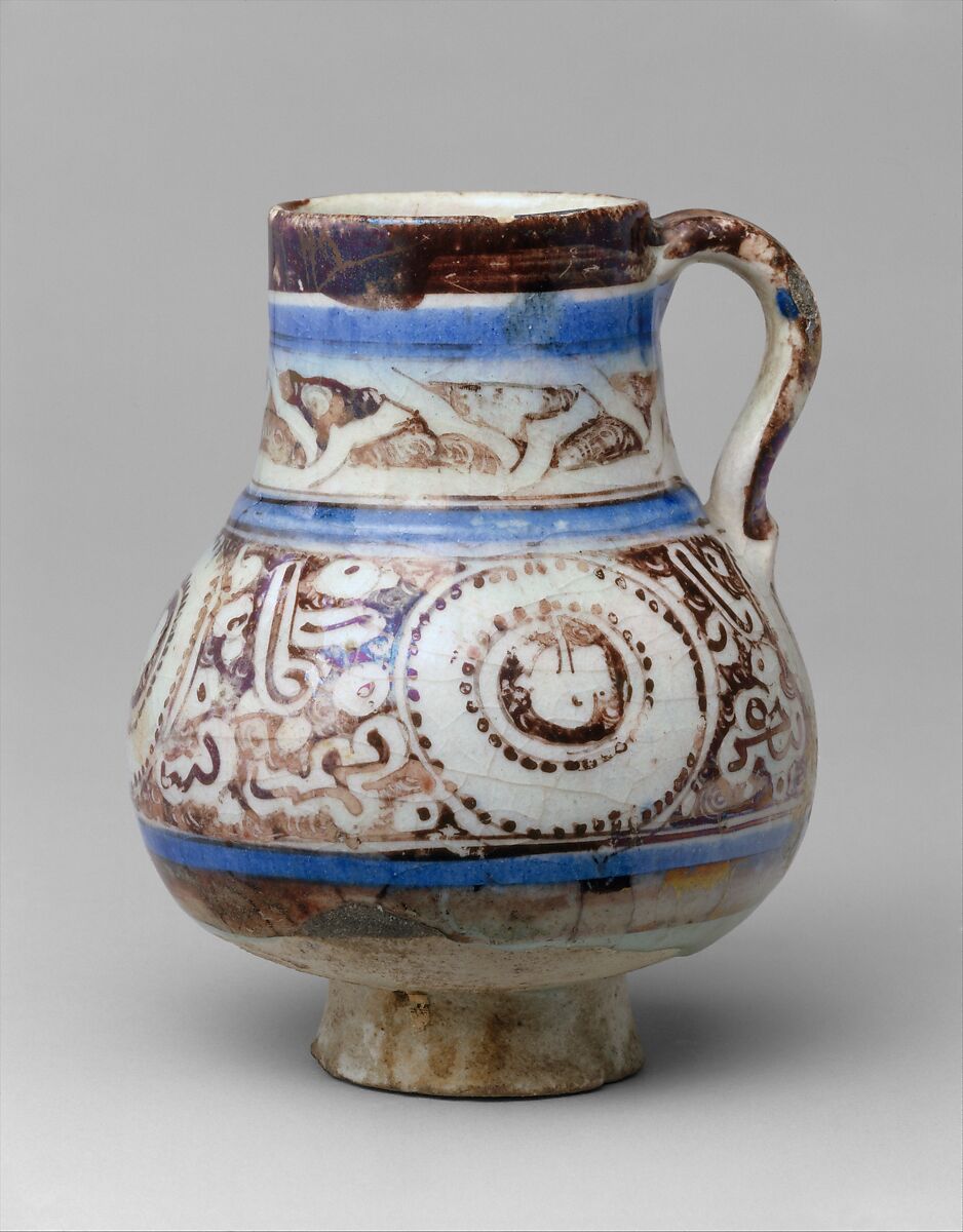 Ewer, Stonepaste; painted in luster and blue on opaque white glaze under transparent colorless glaze