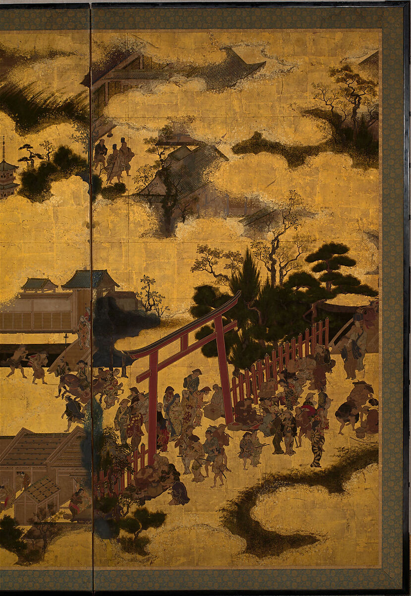 The Torii Gate of Gion Shrine, Sliding doors (fusama) remounted as a two-panel folding screen; ink, color, and gold on paper, Japan