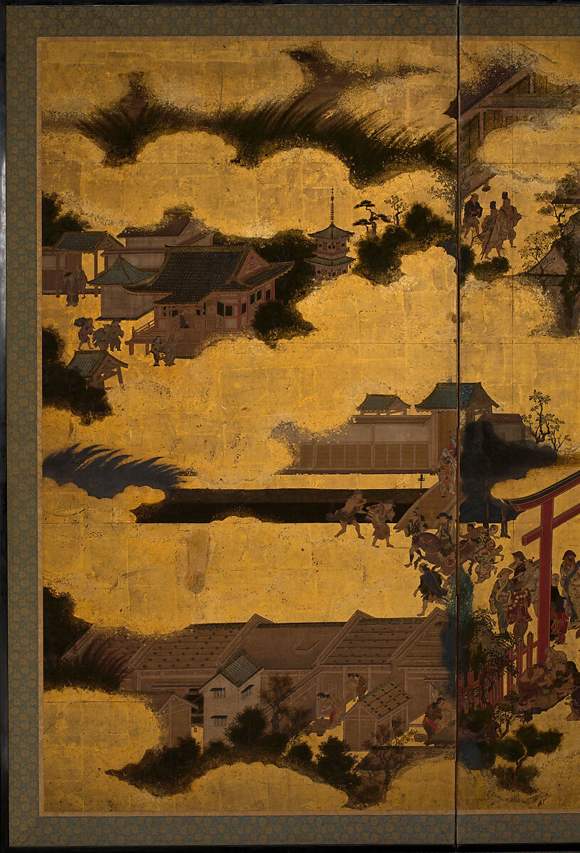 The Torii Gate of Gion Shrine, Sliding doors (fusama) remounted as a two-panel folding screen; ink, color, and gold on paper, Japan