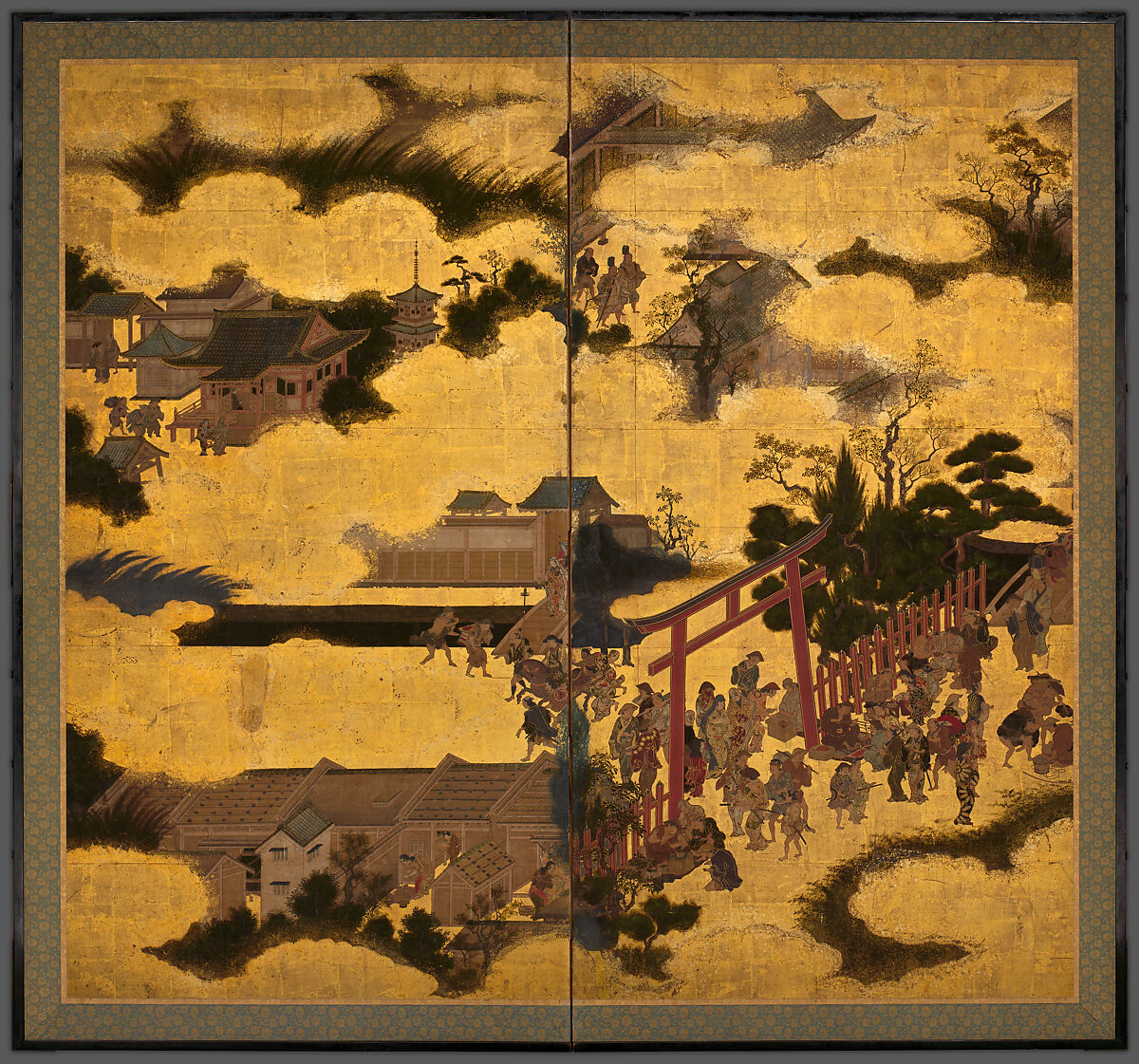 The Torii Gate of Gion Shrine, Sliding doors (fusama) remounted as a two-panel folding screen; ink, color, and gold on paper, Japan 