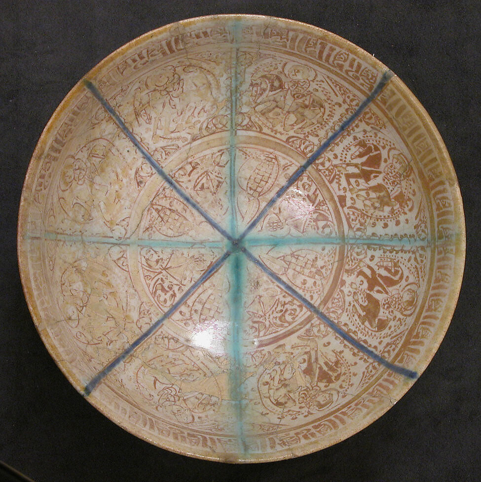 Bowl, Stonepaste; glazed and luster-painted, turqoise and blue lines 