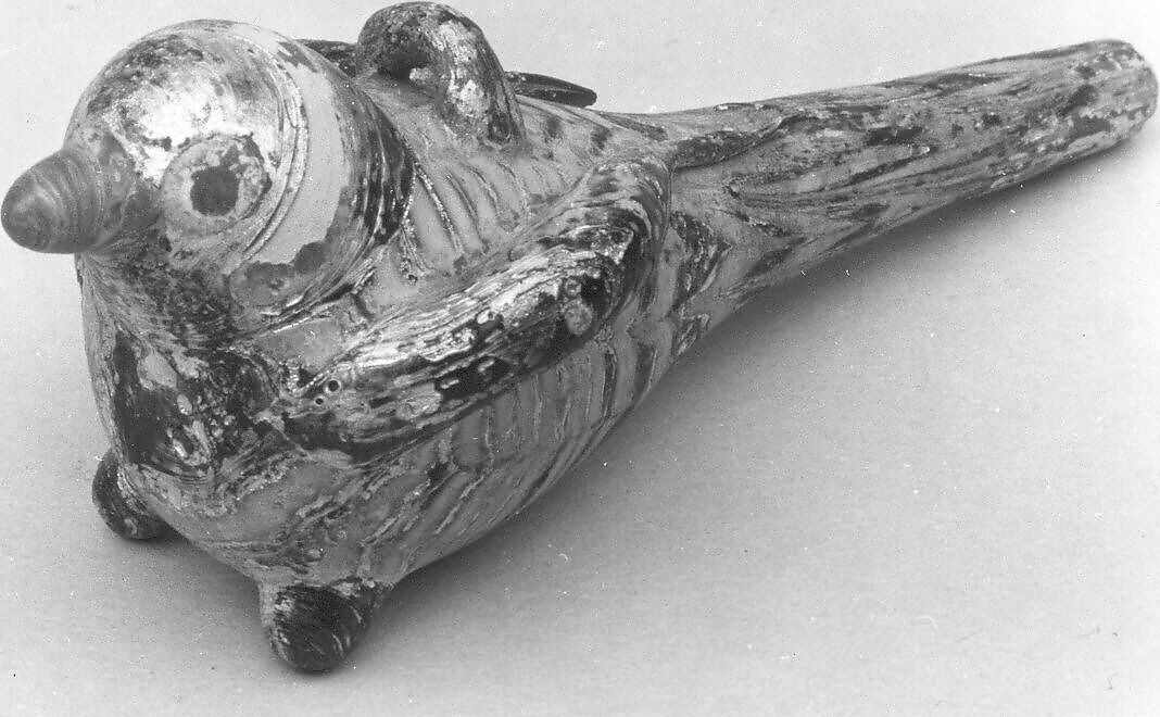 Bird-Shaped Pendant with Marvered Body, Glass, reddish-purple; blown, applied marvered opaque white decoration, applied reddish-purple, opaque turquise, and opaque red decoration