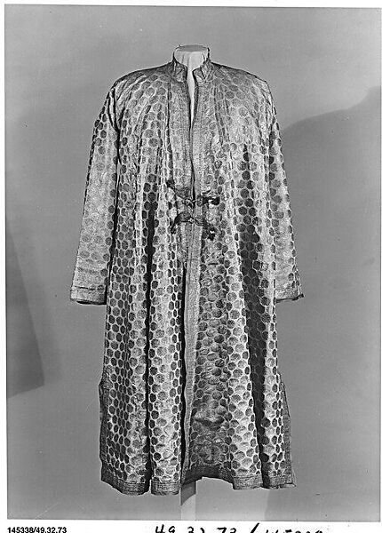 Coat, Silk, metal wrapped thread; twill weave, brocaded, applied decorative braid and enclosure