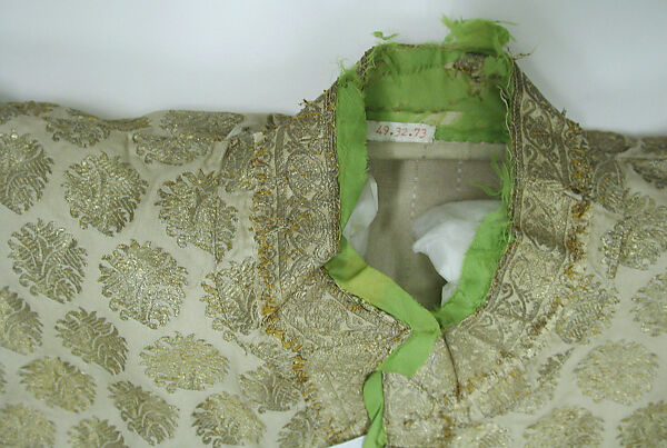 Coat, Silk, metal wrapped thread; twill weave, brocaded, applied decorative braid and enclosure