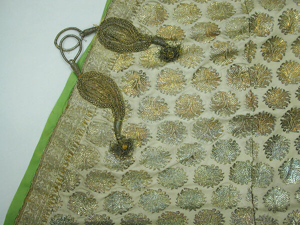 Coat, Silk, metal wrapped thread; twill weave, brocaded, applied decorative braid and enclosure
